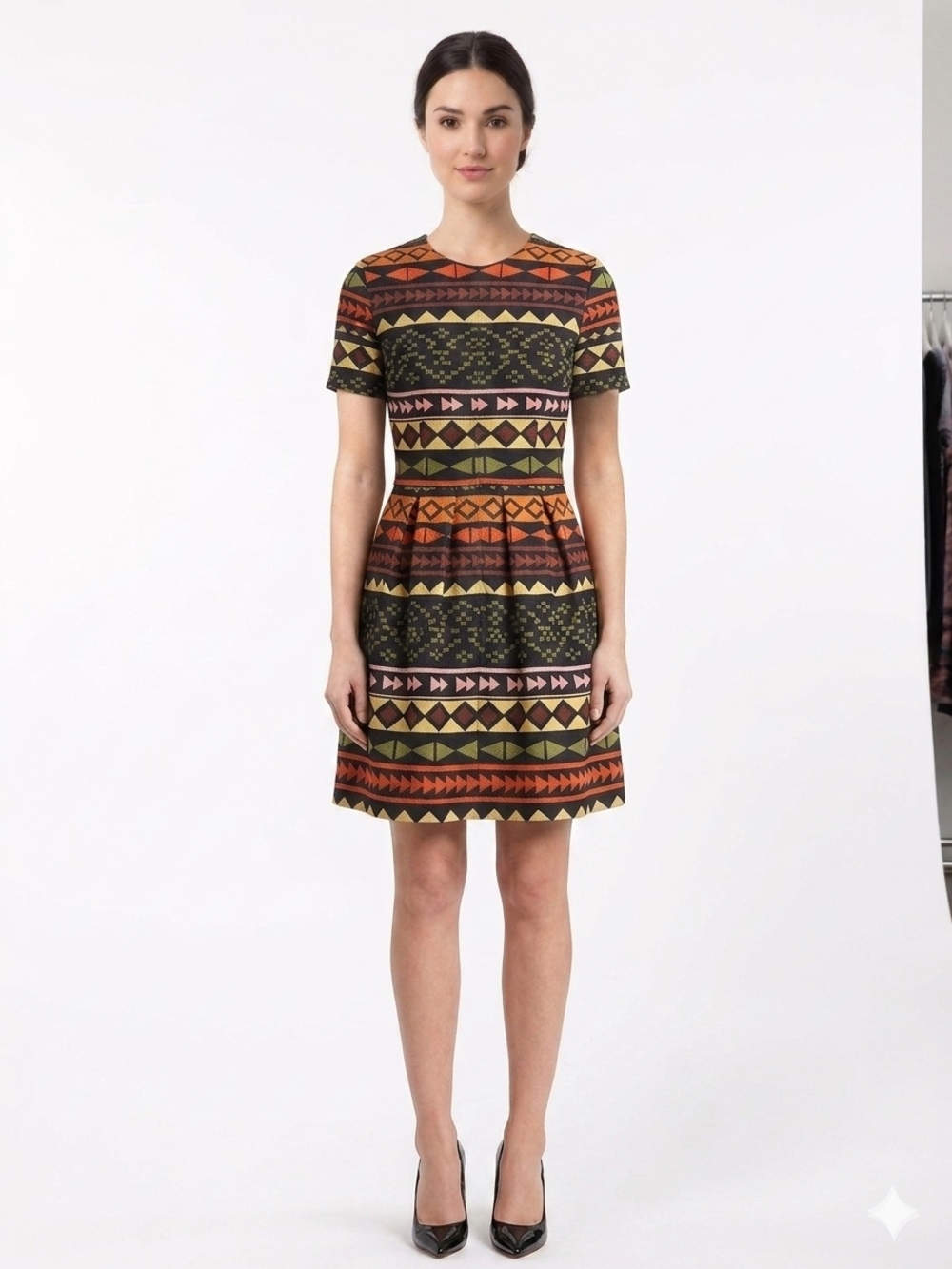 Short Sleeve Geo Print Dress in Earth Tones